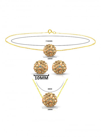 18 Karat Solid Yellow Gold Simple 10 mm Crystal Ball Earrings With Pendant Necklace And Bracelet