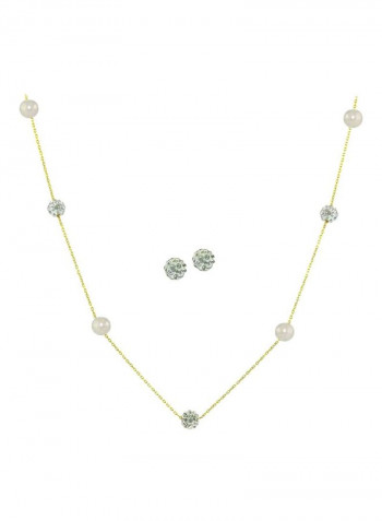 3-Piece 18 Karat Gold Built-In Crystal Ball And Pearl Jewellery Set