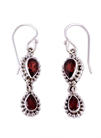 925 Sterling Silver Teardrop Dangle Hook Earrings With Garnet