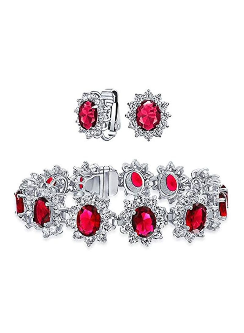 Silver Plated Brass Cubic Zirconia Studded Bracelet And Clip On Earring Jewellery Set Silver/Red