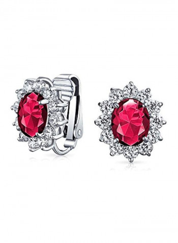Silver Plated Brass Cubic Zirconia Studded Bracelet And Clip On Earring Jewellery Set Silver/Red