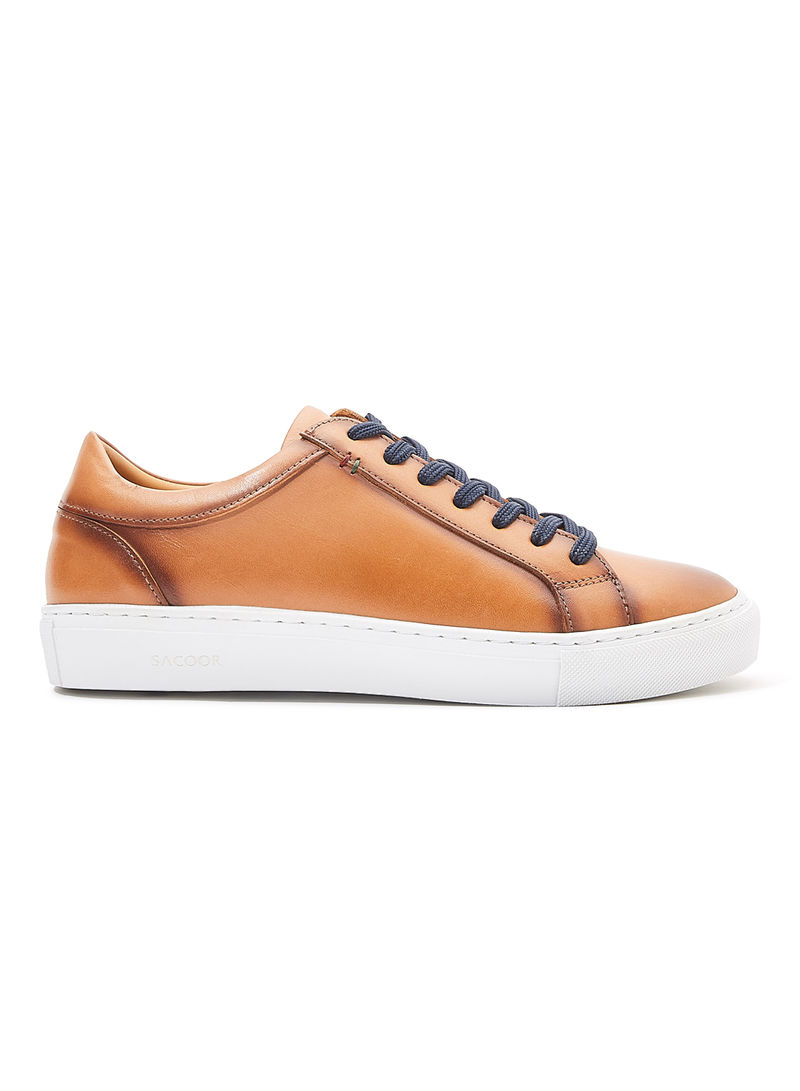 Genuine Leather Casual Trainers Cognac/White