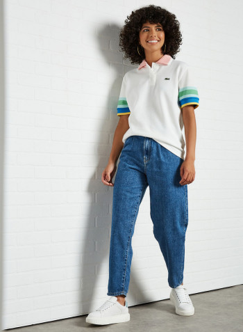 Striped Sleeve Textured Polo White/Blue/Green