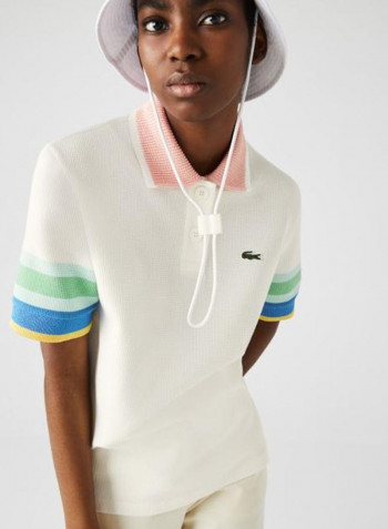 Striped Sleeve Textured Polo White/Blue/Green