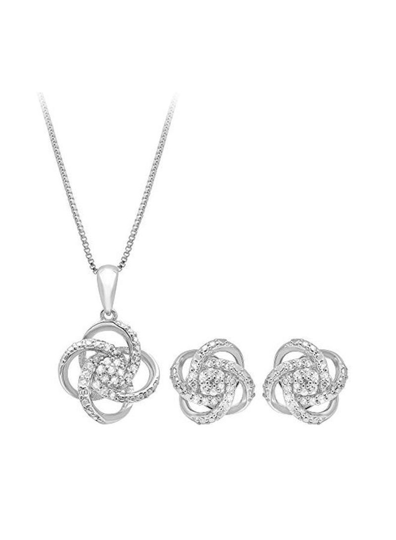 Sterling Silver 0.25 Ct Diamond Studded Love Knot Necklace And Earrings Set