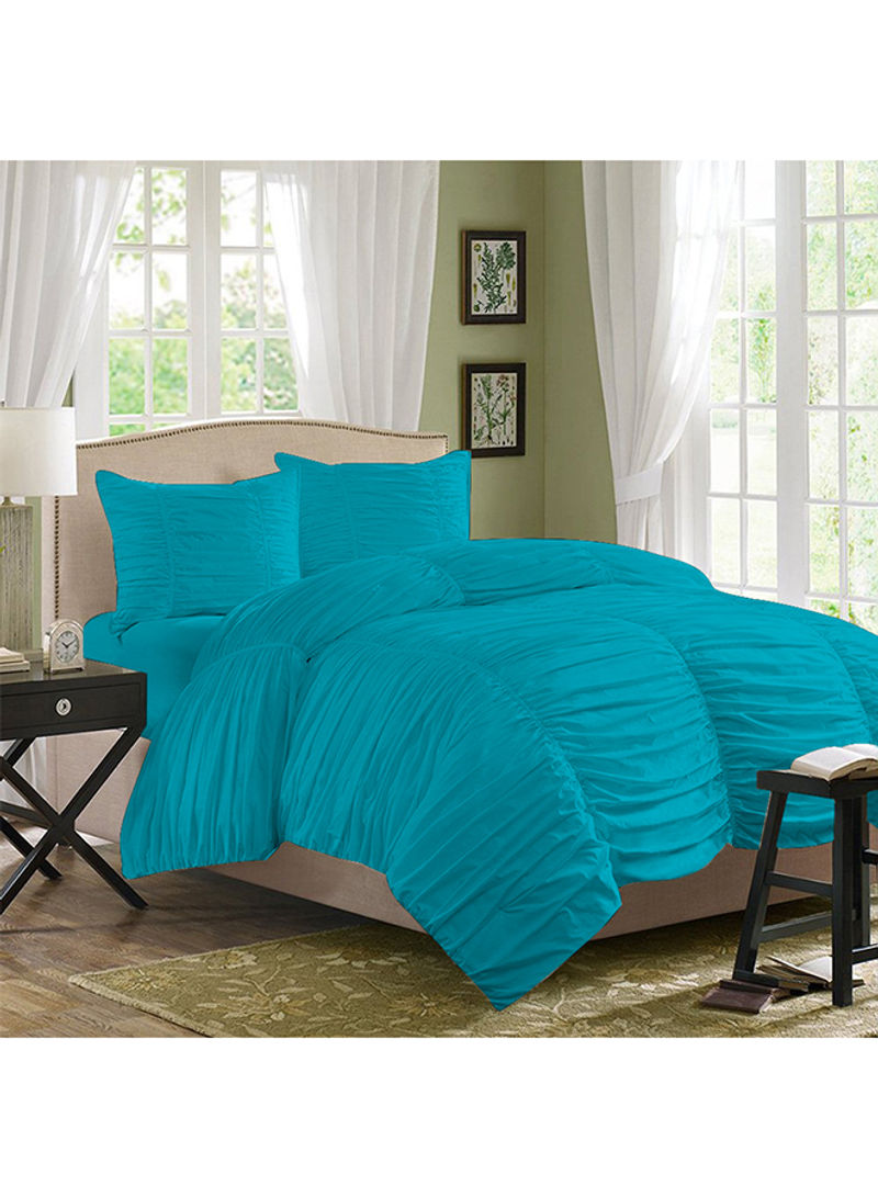 3-Piece Gathered Egyptian Cotton Duvet Cover Set Turquoise Super King
