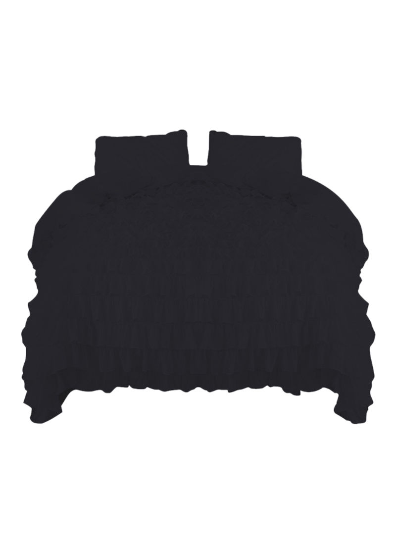 3-Piece Ruffled Egyptian Cotton Duvet Cover Set Black Super King