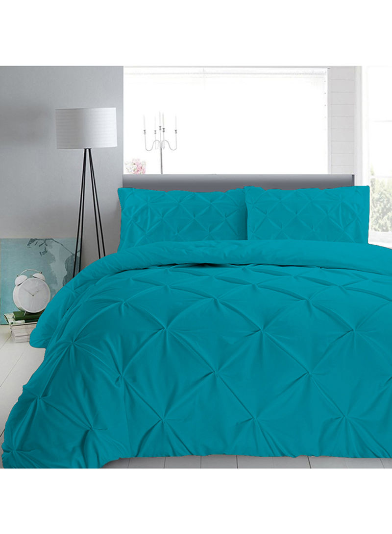 3-Piece Pinch Pleated Egyptian Cotton Duvet Cover Set Turquoise Super King