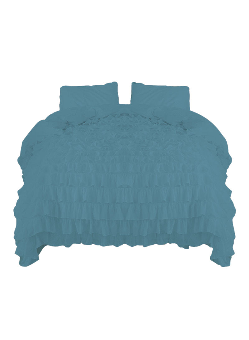 3-Piece Ruffled Egyptian Cotton Duvet Cover Set Blue Super King