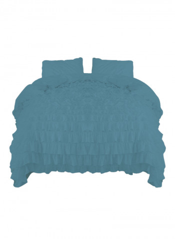 3-Piece Ruffled Egyptian Cotton Duvet Cover Set Blue Super King