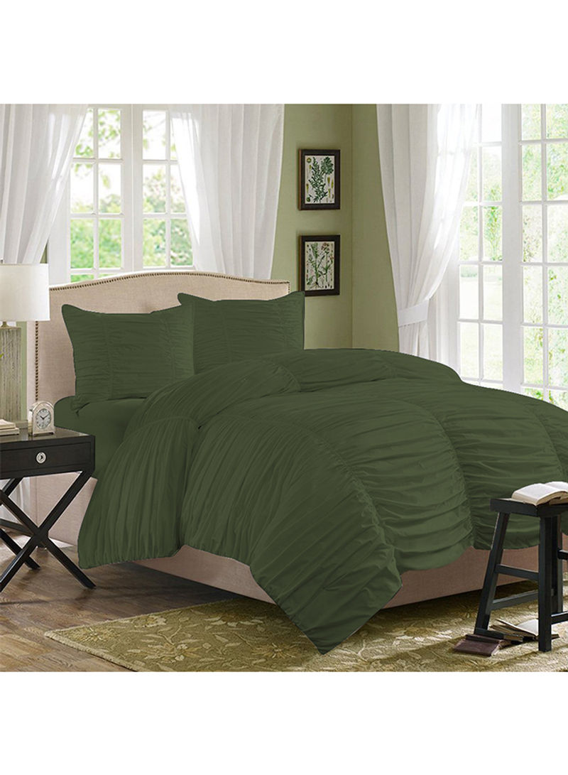 3-Piece Gathered Egyptian Cotton Duvet Cover Set Olive Green Super King