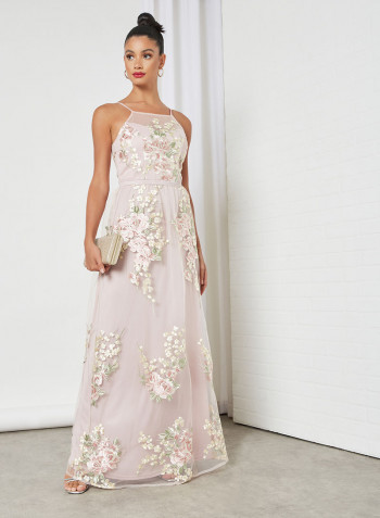 Floral Embroidered Strap Dress Pink