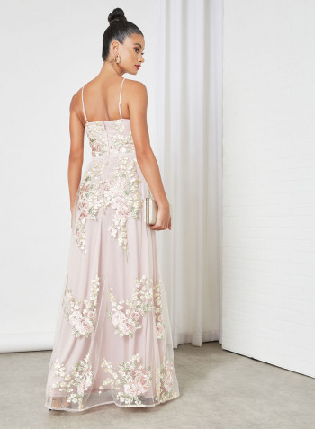 Floral Embroidered Strap Dress Pink