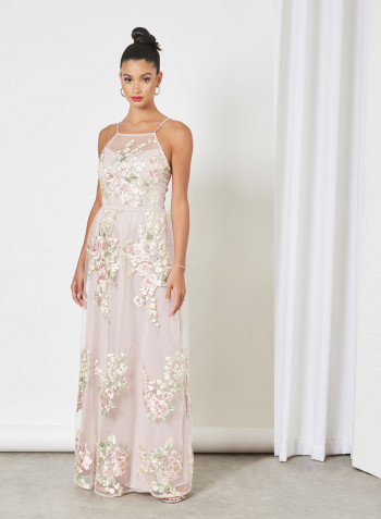 Floral Embroidered Strap Dress Pink