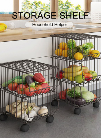 2 Layer Tier Drying Mesh Movable Space Saving Iron Storage Shelf Basket Metal Rack With Wheels White 42*27.8*30cm