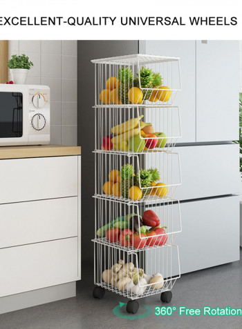 2 Layer Tier Drying Mesh Movable Space Saving Iron Storage Shelf Basket Metal Rack With Wheels White 42*27.8*30cm