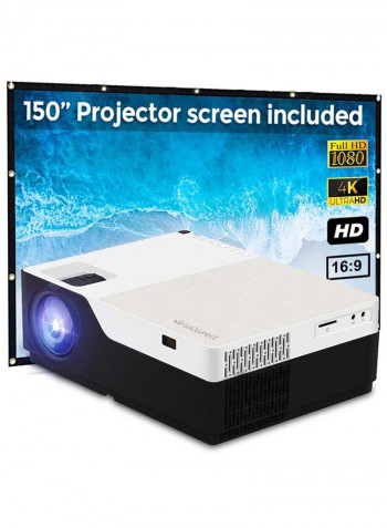 LED Projector 1080p 5500 Lumens Compatible to 300-Inch Screen with 150-Inch Projector Screen PROJ-WO-12-W_SCR-05 White