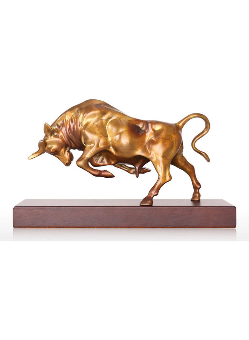 Fighting Bull Sculpture with Wooden Base Gold/Brown