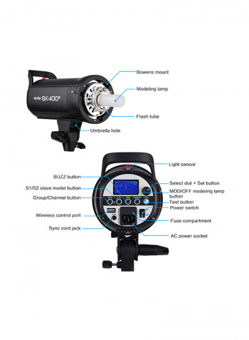SK400II Professional Compact 400Ws Studio Flash Strobe Light Built-In 2.4G Wireless X System GN65 5600K With 150W Modeling Lamp Black