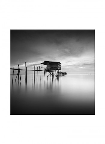 Pier And Fog On Canvas Painting Black /White 80x80centimeter