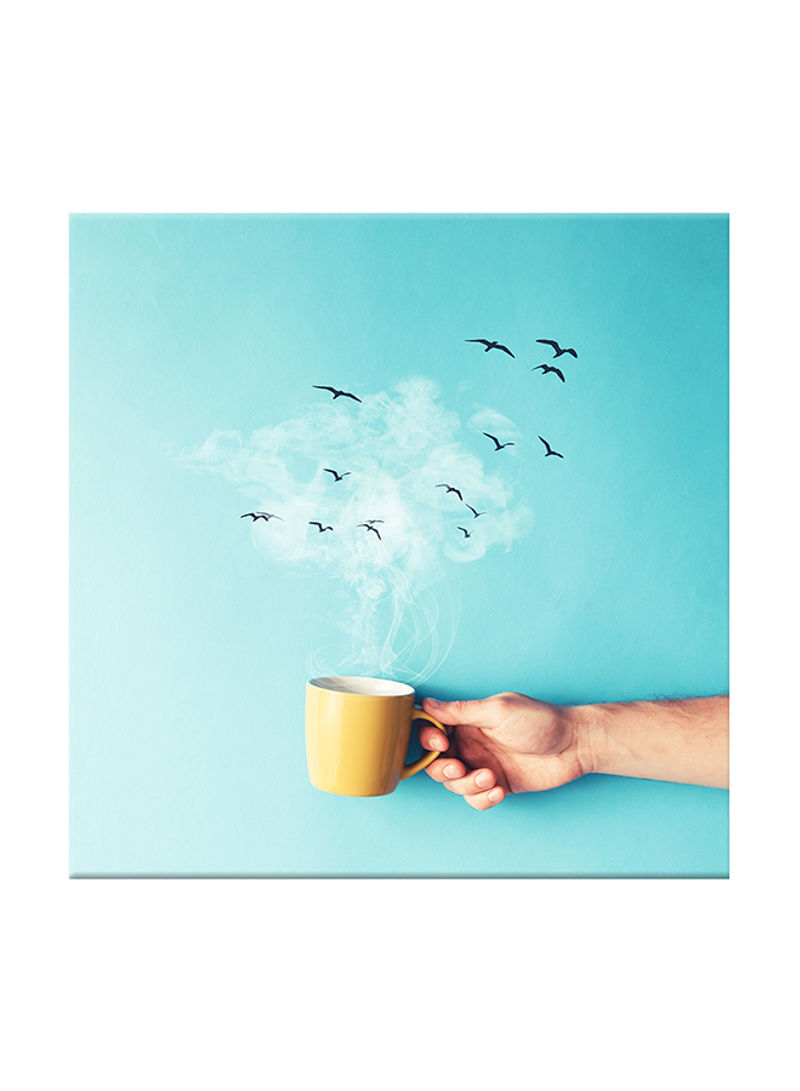 Mug And Fog With Birds On Canvas Painting Blue 80x80centimeter