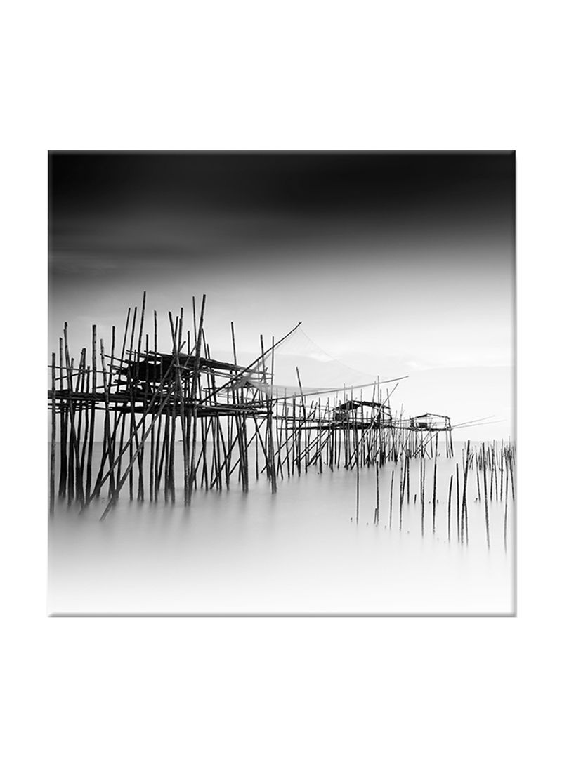 Pier And Fog On Canvas Painting Black /White 80x80centimeter