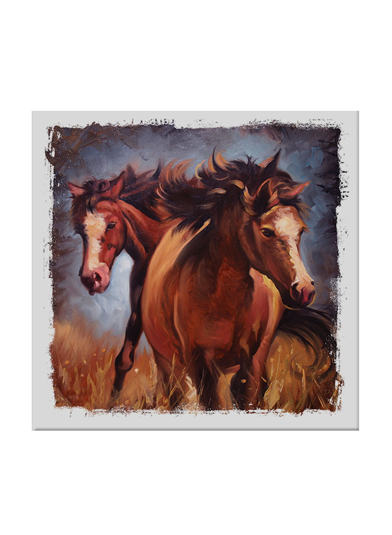 Horses In Landscape Scenery Vintage Abstract Oil Art Canvas Painting Brown 80x80centimeter