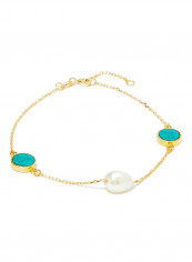 18 Karat Gold Turquoise And Pearl Three Stone Bracelet
