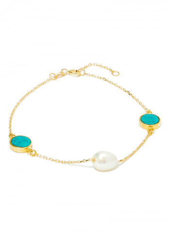 18 Karat Gold Turquoise And Pearl Three Stone Bracelet