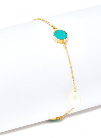 18 Karat Gold Turquoise And Pearl Three Stone Bracelet