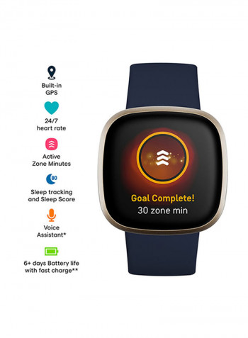 Versa 3, Health And Fitness Smartwatch With GPS, 24/7 Heart Rate, Music And Up To 6+ Days Battery Midnight Blue/Soft Gold Aluminium