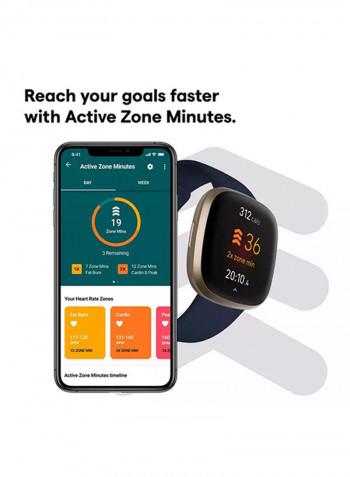 Versa 3, Health And Fitness Smartwatch With GPS, 24/7 Heart Rate, Music And Up To 6+ Days Battery Midnight Blue/Soft Gold Aluminium