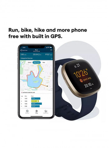Versa 3, Health And Fitness Smartwatch With GPS, 24/7 Heart Rate, Music And Up To 6+ Days Battery Midnight Blue/Soft Gold Aluminium