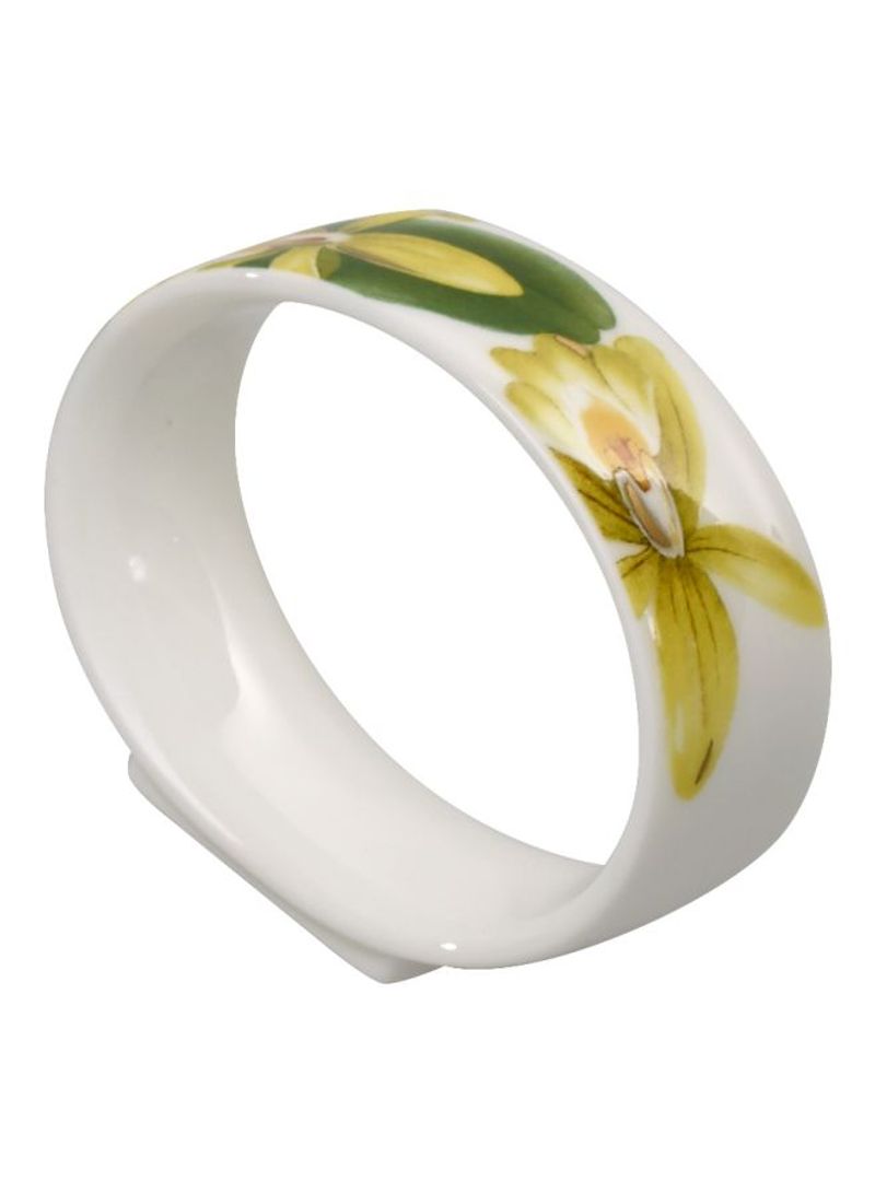 6-Piece Amazonia Flower Printed Napkin Ring Set White/Green/Yellow 7centimeter