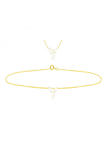 18 Karat Gold Y Letter Mother Of Pearl Necklace With Bracelet