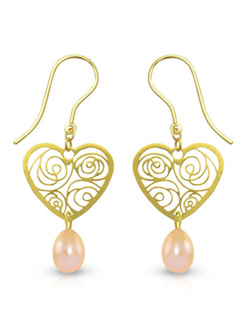 18 Karat Solid Yellow Gold Heart With 7 mm Drop Pearl Earrings