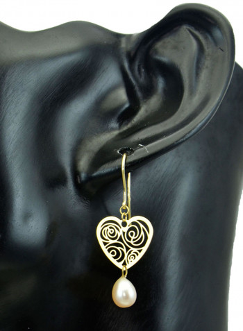 18 Karat Solid Yellow Gold Heart With 7 mm Drop Pearl Earrings