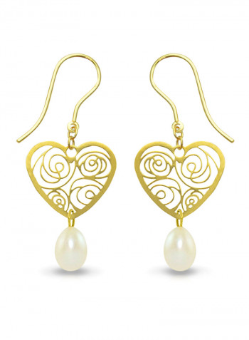 18 Karat Solid Yellow Gold Heart With 7 mm Drop Pearl Earrings
