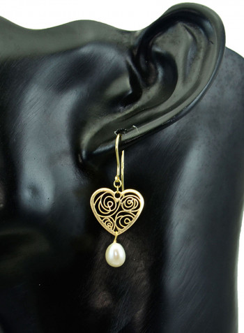18 Karat Solid Yellow Gold Heart With 7 mm Drop Pearl Earrings