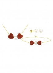 18 Karat Solid Gold Heart Sunstones And Pearl Jewellery Set
