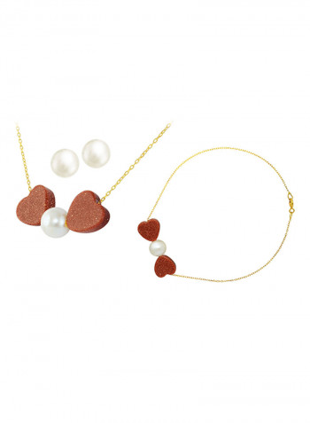 18 Karat Solid Gold Heart Sunstones And Pearl Jewellery Set