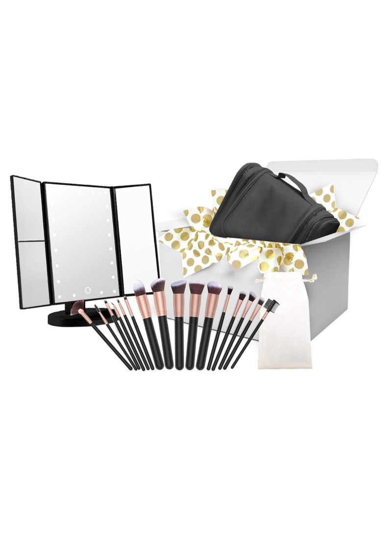 16-Piece Makeup Brush Set With 21-LED Trifold Mirror And Case Multicolour