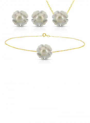 Set of 3 18 Karat Gold Mother Of Pearl Flower Design With Pearl Necklace, Bracelet and Earrings