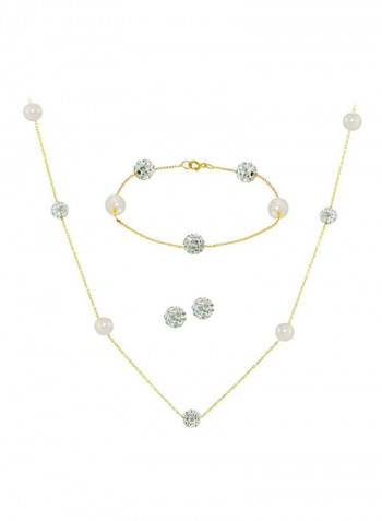 4-Piece 18 Karat Gold Crystal Ball And Pearl Studded Necklace Jewellery Set