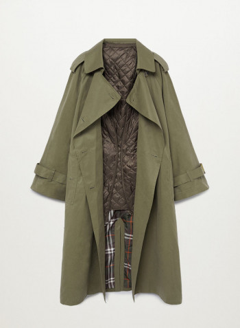 Lapel-Collar Adjustable Belt Buttoned Pockets Coat Khaki