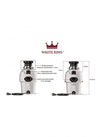 Garbage Disposal With Power Cord White/Black 7.8x7.8x13.8inch