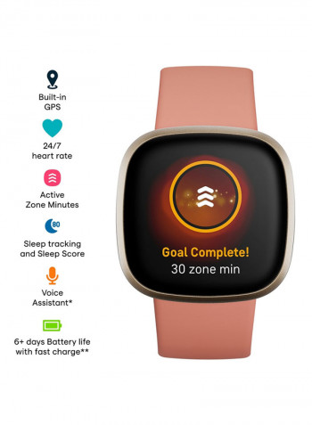 Versa 3, Health And Fitness Smartwatch With GPS, 24/7 Heart Rate, Music And Up To 6+ Days Battery Pink Clay/Soft Gold Aluminium