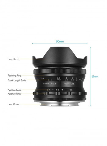 7.5mm Manual Focus Fisheye Lens 2.8x2.8inch Black