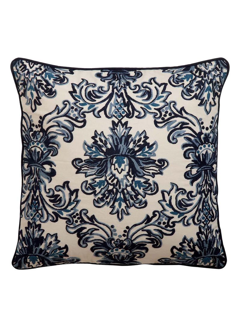 Crewel Embroidered Medallion Throw Pillow Beige/Black/Blue 22 x 22inch