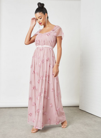 Floral Embroidered Dress Pink